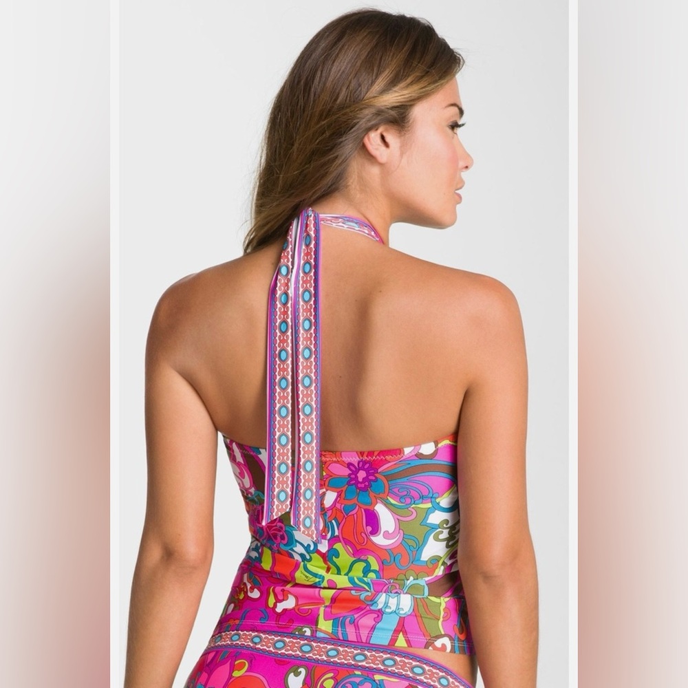 Trina Turk Fuji Flowers Vibrant Pink Tankini Bikini Gold Rings Size 10 - Picture 2 of 16